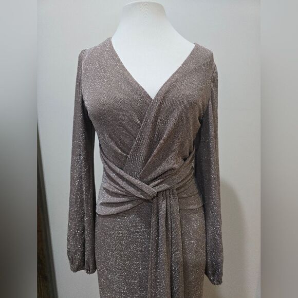 Betsy & Adam Clara Long Sleeve Glitter Knit Knot Dress NWOT size 8 Taupe - Picture 6 of 7